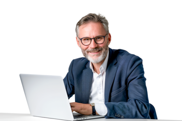 Smilling businessman working on laptop