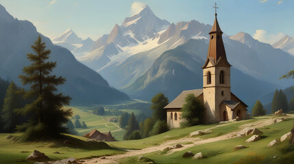 Church of St. John the Baptist in the mountains of Dolomites. Generative AI - Powered by Adobe