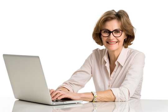 Smilling beauty middle age business women working on laptop