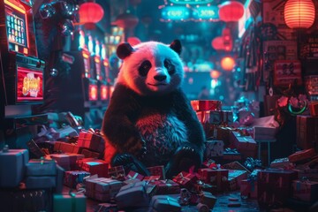 panda bear sit on gifts