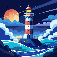Show a majestic lighthouse standing tall amidst crashing waves, guiding ships safely through the night with its beacon of light