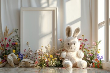 Empty white frame mockup on the wall, minimalistic thin frame, a rabbit doll gazing out of a frosty window
