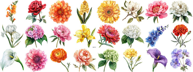 Watercolor flower set isolated background. Various floral collection of nature blooming flower clip...