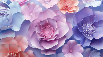 pink and purple paper flowers 3d illustration 3d rendering paper cut style