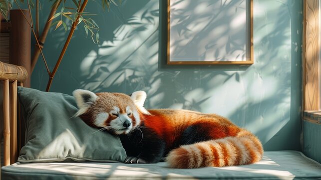 A peaceful red panda resting on a red pillow in a bright window nook surrounded by autumn foliage.