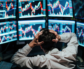 A stressed stock trader surrounded by plunging stock charts on computer monitors, conveying disappointment
