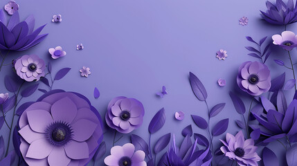 summer background with flowers in paper cut in purple colors with space for text