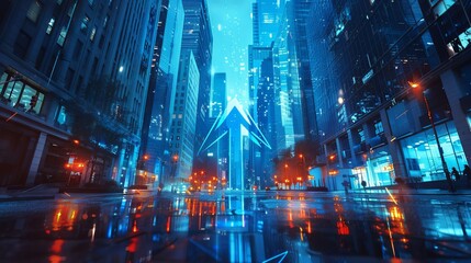 Fototapeta premium Blue Arrows Upward Pointing on Buildings, Concept of Business Grow