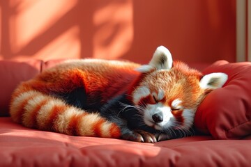A peaceful red panda resting on a red pillow in a bright window nook surrounded by autumn foliage.
