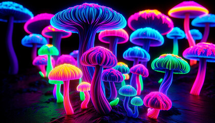 Crazy neon psychedelic mushrooms