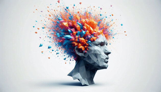 Mind blown coloful creativity block exploding head brain side profile