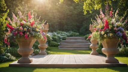 Product podium for product presentation and display with garden summer and spring flowers, floral summer background , with nature in the background