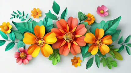 paper art summer flowers and green leaves on white background