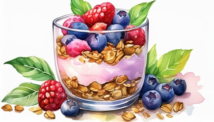 Glass of granola in yogurt with a mix of berries watercolor painting on isolated white background