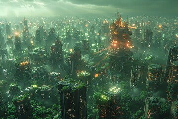 "Neon Green Cityscape: Cyberpunk Urban Forest"