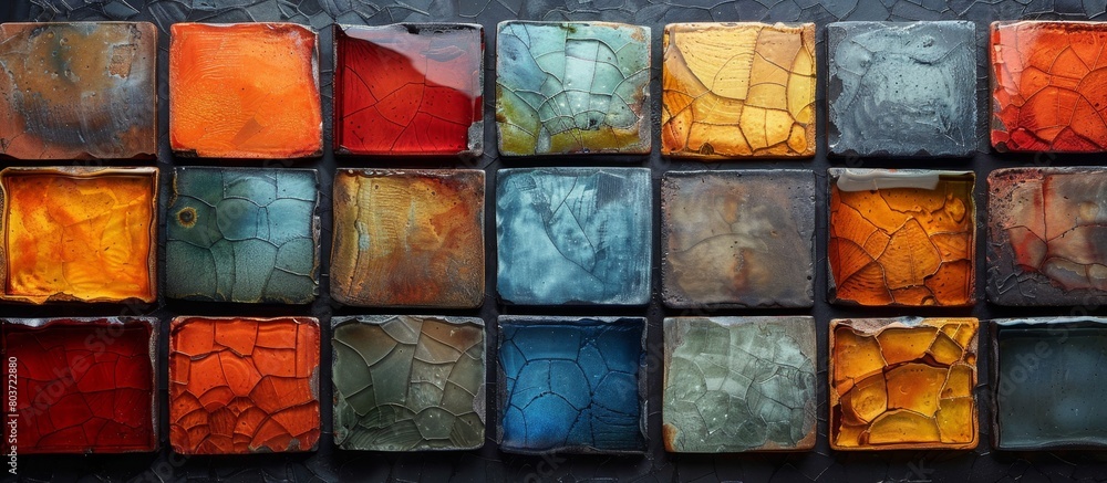 Poster close up view of a vibrant painting depicting a block of glass in various hues, creating a vivid and