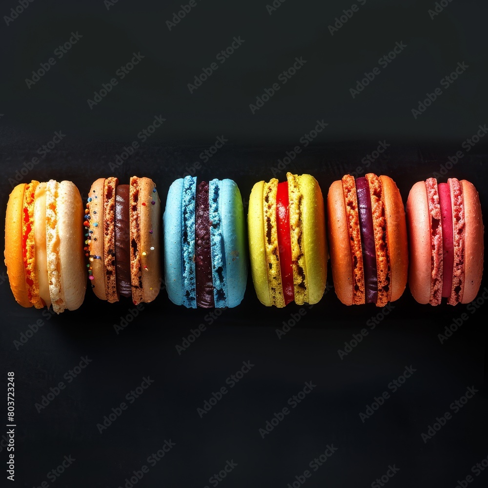 Poster a row of colorful macarons on a black background