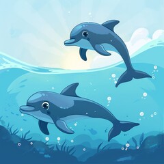 Hand-drawn cute dolphins cartoon illustrations of puppies playing in the water