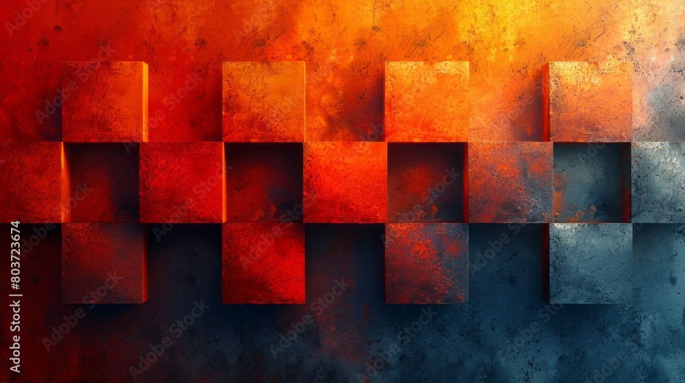 Poster 3D rendering of a glowing red and orange cubes on a dark background. Grunge texture.