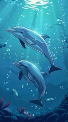 Naklejka premium Hand-drawn cute dolphins cartoon illustrations of puppies playing in the water