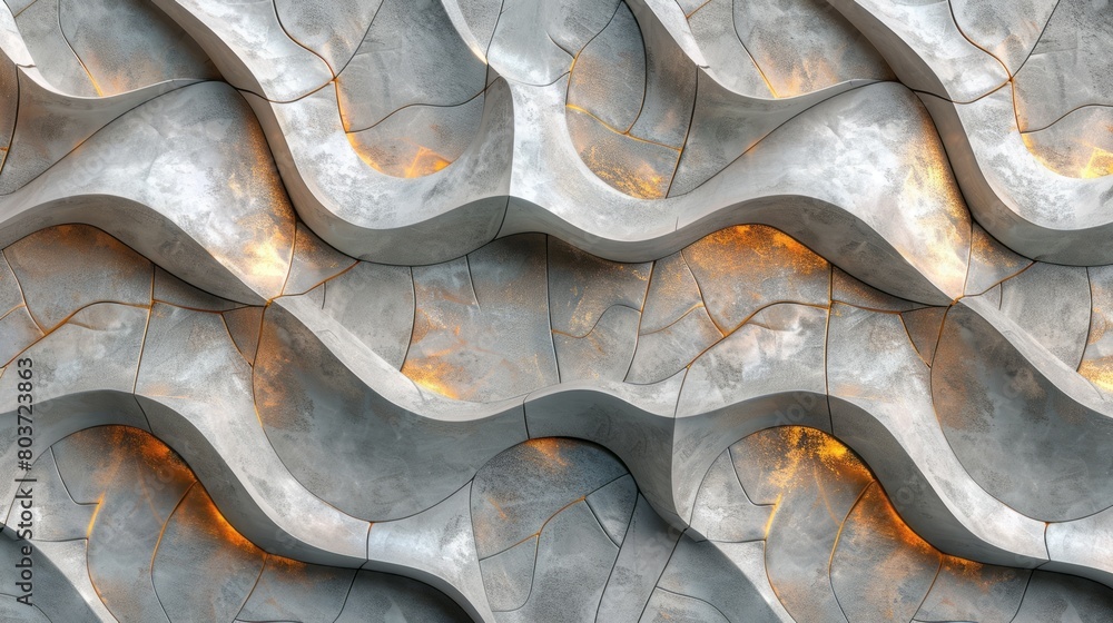 Poster 3d rendering of a parametric concrete wall with golden cracks and soft lighting.