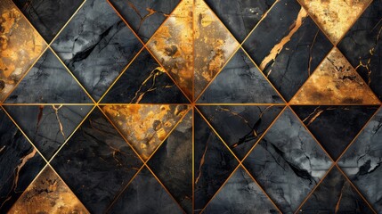 Black and gold geometric pattern with marble and metal texture.