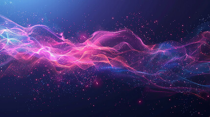 abstract Kinetic particle waves, with small, Neon wave lines, bokeh lights on abstract background for futuristic data transfer concept and colorful dots moving in wave-like patterns. 