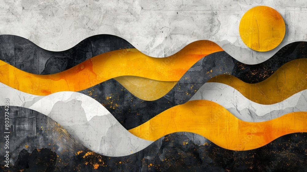 Poster 3d rendering of abstract waves with a yellow sun on a white background.