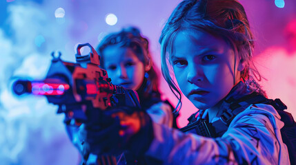 Children Having a Blast in Action-Packed Game with Laser Gun