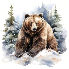 Fototapeta premium Winter bear. Brown bear. Winter landscape clipart. Watercolor illustration. Generative AI. Detailed illustration.