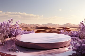 Empty product podium with lavender, ellipse, frosted set against abstract panoramic background with lavender flowers around - obrazy, fototapety, plakaty