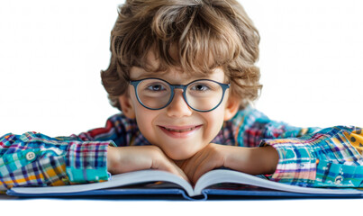 Portrait of a cute little boy in glasses reading a book isolated on a white background. Education concept