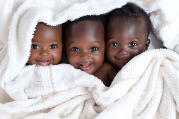 Three adorable smiling african american baby boys wrapped in a white towels, top view