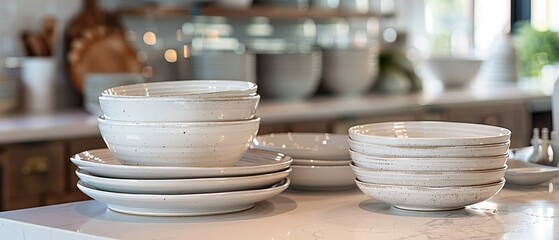 A white set of plates and bowls are stacked on a counter