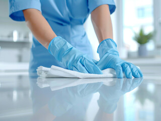 Closeup of female hands in protective blue gloves wipe a shiny white table in the kitchen. Cleaning service.