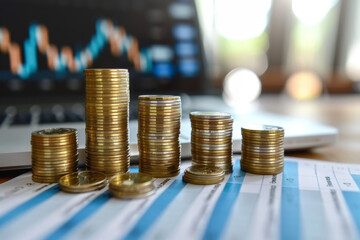 Coins stacks on table with financial graph and laptop computer background. Business concept economic Investment financial planning