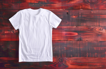 White t-shirt on a red wooden background. Mockup.
