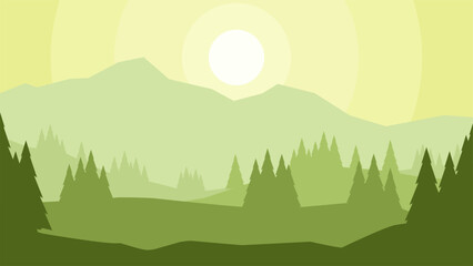Flat landscape illustration of pine forest silhouette in the morning