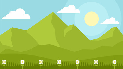 Fototapeta premium Flat landscape illustration of green mountain with flower in sunny day