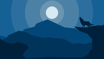 Flat landscape illustration of a wolf howling at cliff in the night