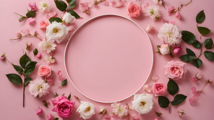 Fototapeta na wymiar Top view of white empty circle and spring flowers pink roses on pink background with copy space