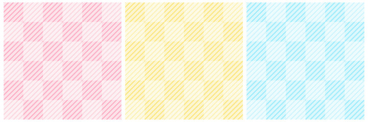 Pink, yellow and light blue diagonal stripes with square shapes seamless pattern set. Modern abstract background design for wallpaper, fabric, wrapping paper.