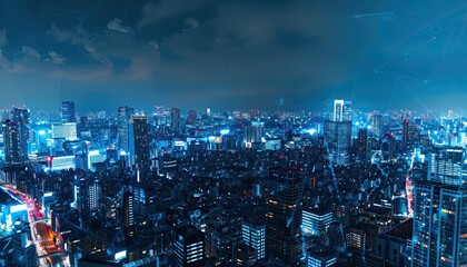 Fototapeta premium Panorama aerial view in the cityscape skyline with smart services and icons internet of things networks and augmented reality concept night scene