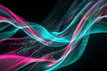 Luminous neon curves with pink and turquoise tones. Abstract art on black background.