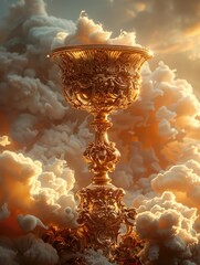 A majestic golden chalice resting on a sky background of soft, ethereal clouds