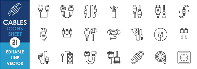 Cable wire computer and plug outline icons set. Line icons of wires and cables.