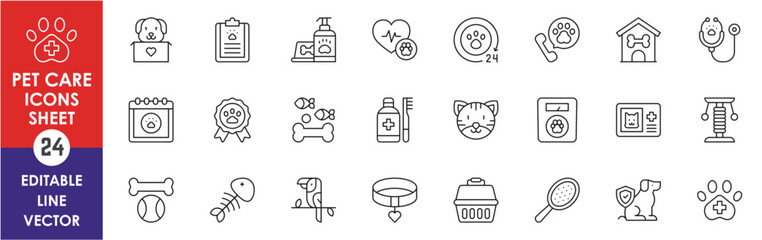 Pets and caring outline icons set. Pet food, pet shop, vaccination, paw print, and so on. Line icons set related to dogs and cats.