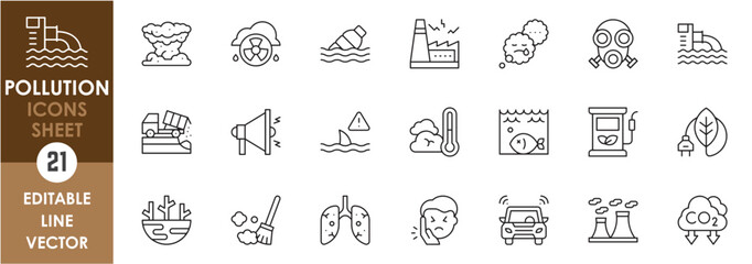 Set of outline icons related to pollution. Linear icon with industrial waste, dust, noise pollution, protection, green energy, and so on.