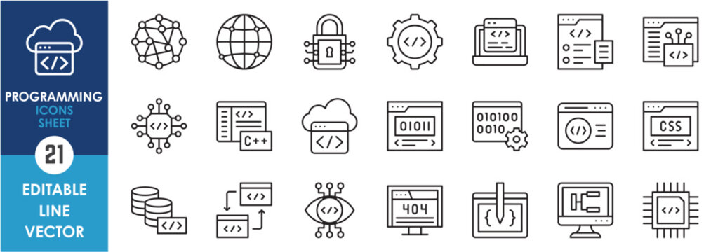 Programming outline icons set. Vector line icons related to programming, web development, coding, software, internet and so on.