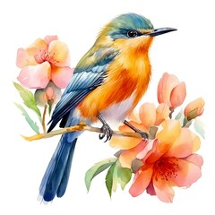 Bird with flowers. Floral bird clipart. Watercolor illustration. Generative AI. Detailed illustration.
